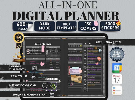 Dark Mode All-in-One Digital Planner 2025-2027 | Daily & Weekly Planner + Digital Journal | GoodNotes, Notability, Penly